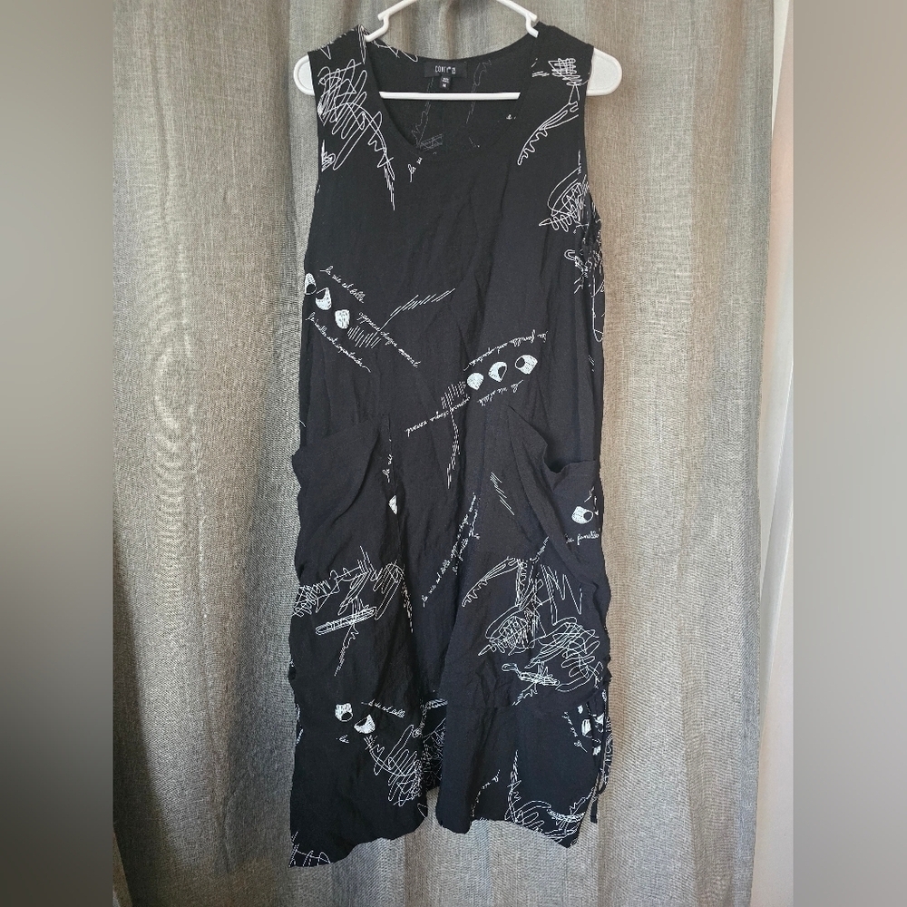 Comfy USA Black Rayon French Script Ruched Side Tie Midi Sleeveless Dress Sz M